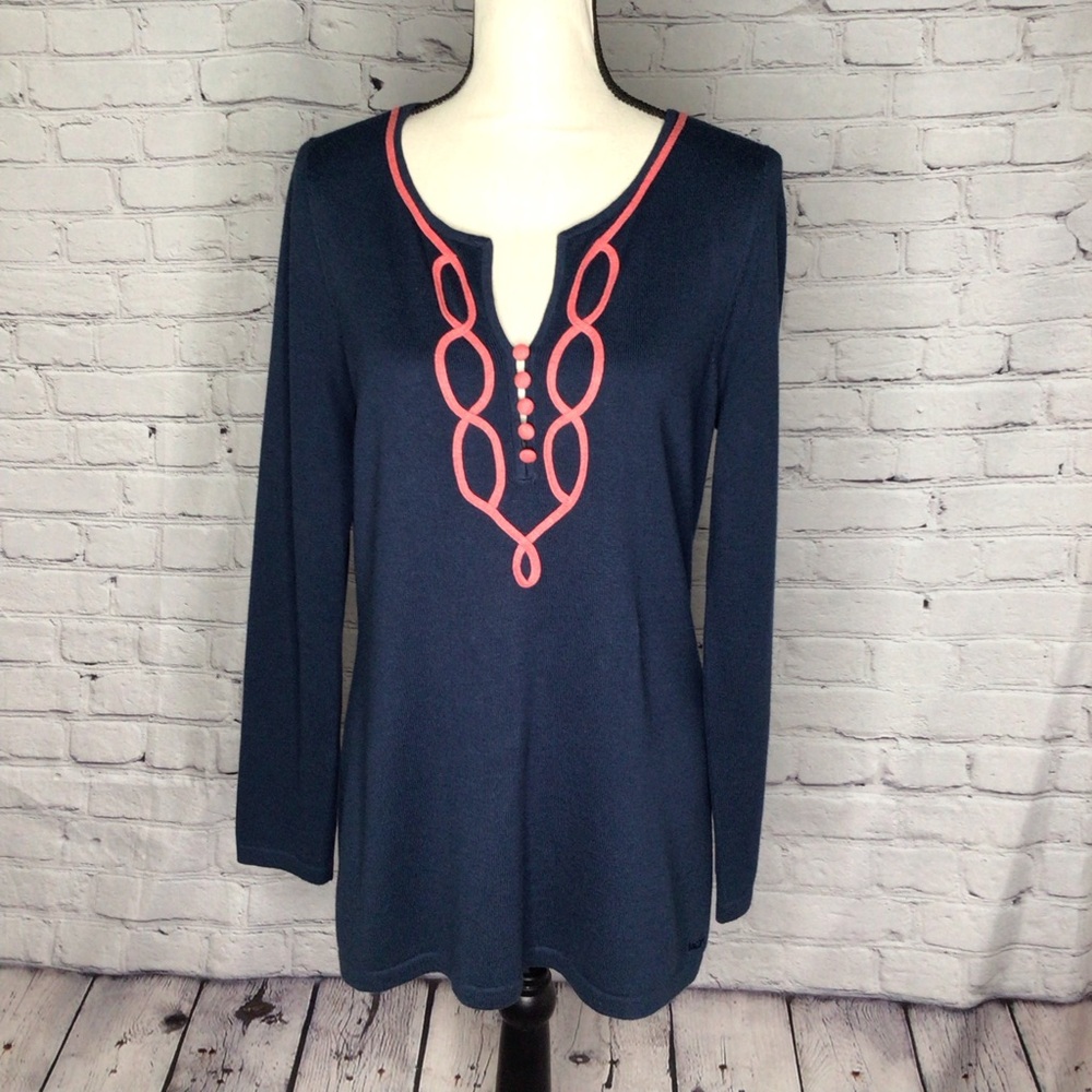 Vineyard Vines Blue and Coral Pullover Wool Blend Trellis Tunic Sweater Medium